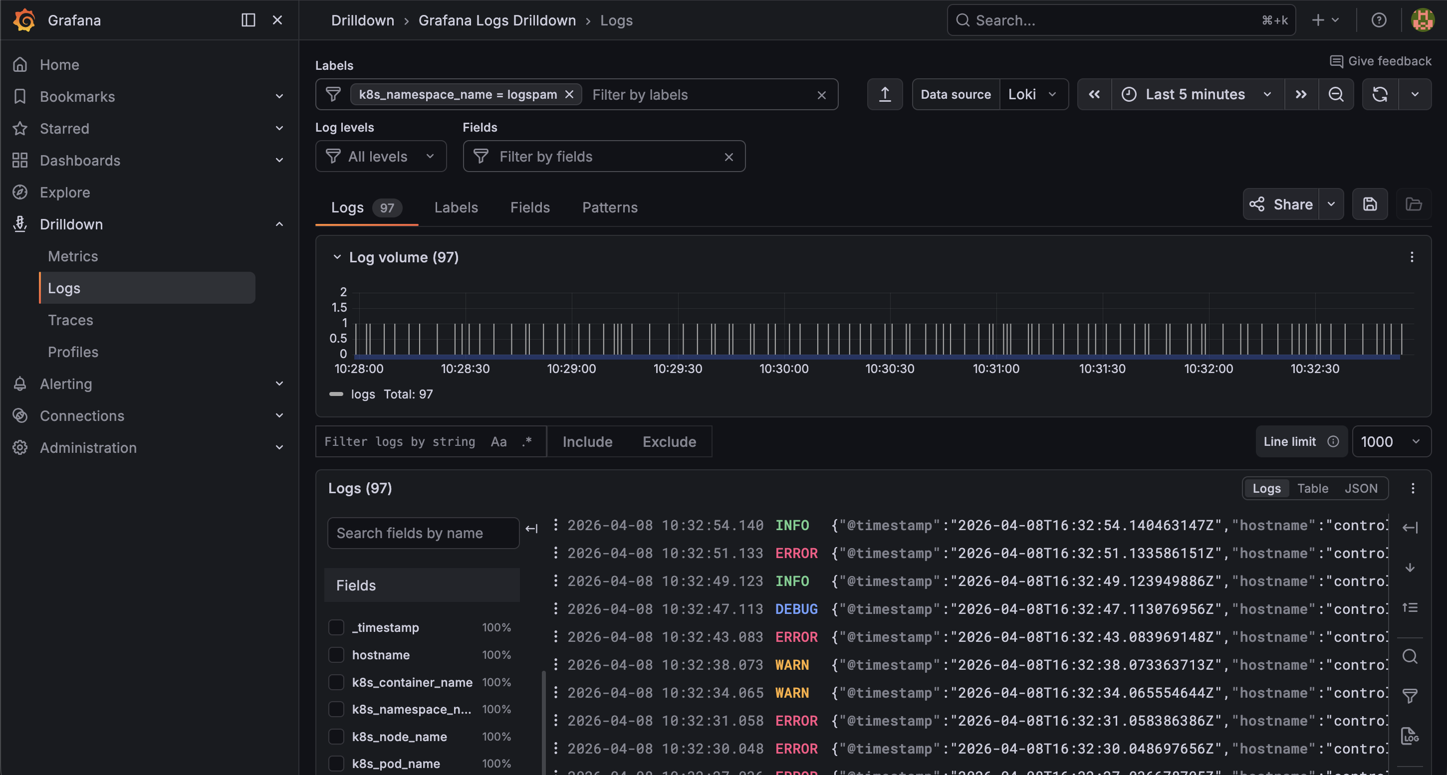 Grafana Explore showing logspam logs from LokiStack